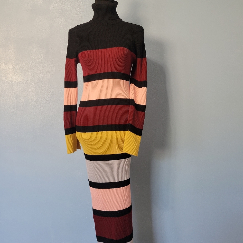 Striped Rib Knit Maxi Dress with Turtleneck - Multi-Color